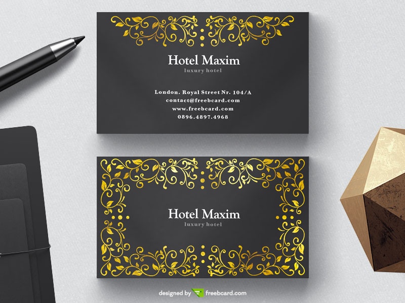 Free Luxury black business card with golden floral elements download